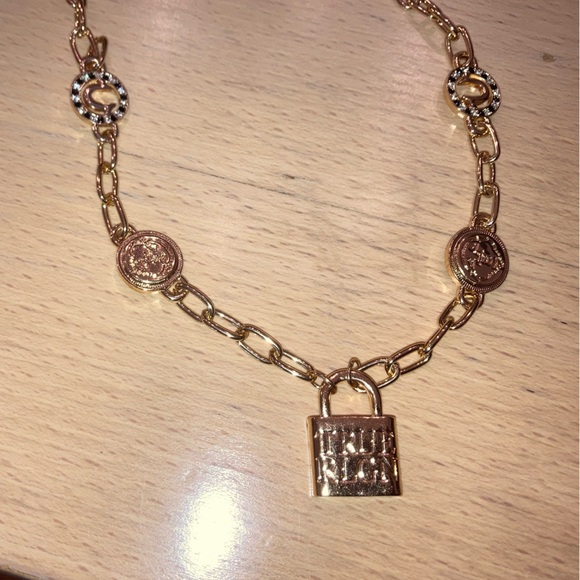 True Religion Rhinestone Horseshoe, Buddha, Padlock Chain Necklace Gold - Picture 3 of 7